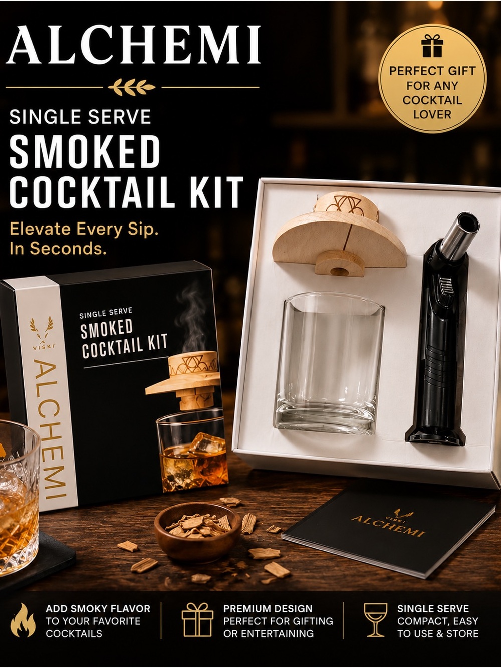 NIB Alchemi Single Serve Smoked Cocktail Kit Torch Glass Wood Smoker Set